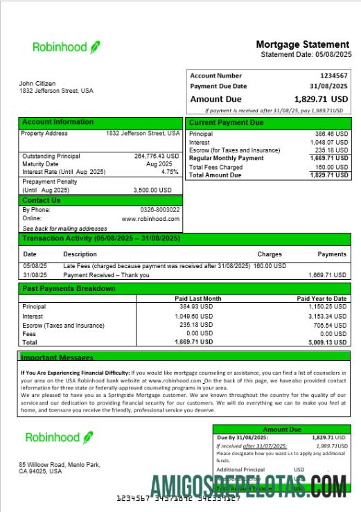 Extrato de hipoteca do banco Robinhood dos EUA em formatos Word e PDF exemplo